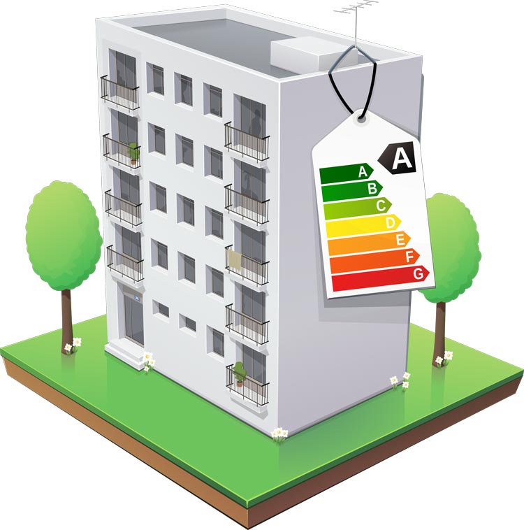 Illustratie van een gebouw met een energielabel